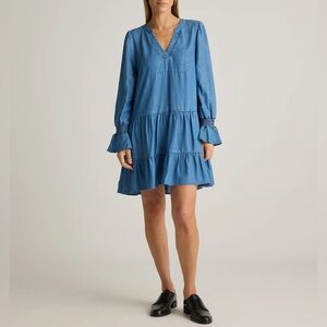 Quince Women's Chambray Tencel Tiered Long Sleeve Mini Dress Blue Size Large NWT